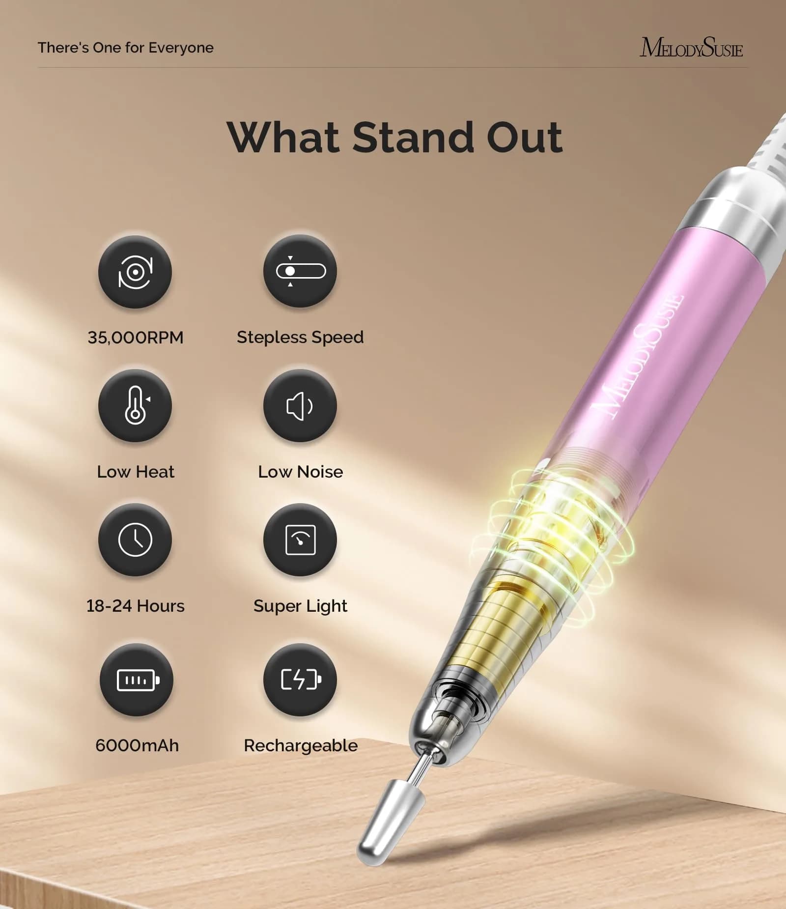 MelodySusie MM400D Cordless Nail Drill 35,000 RPM Rose Gold | Professional E-File for Manicures & Pedicures - view 3