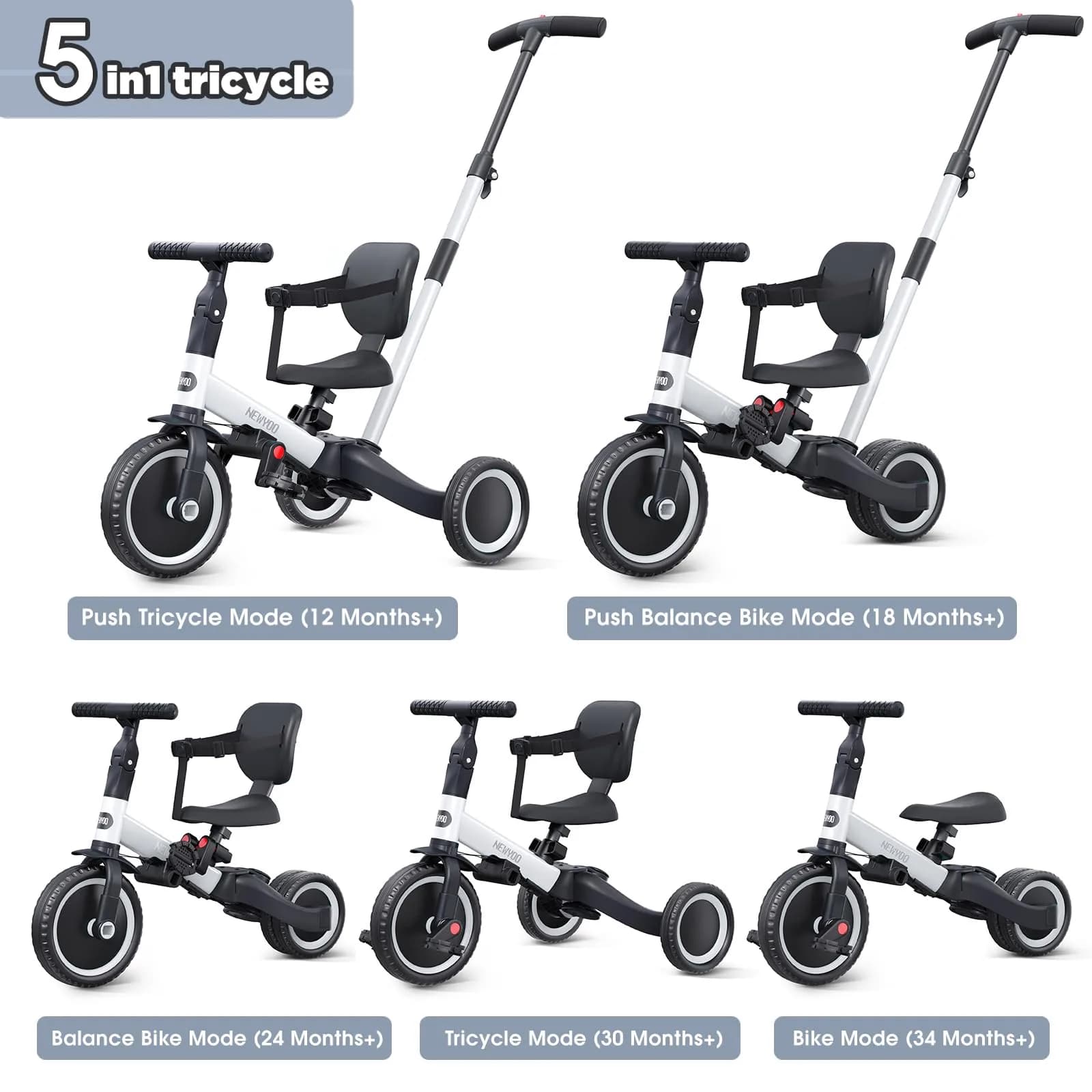 newyoo TR007 5-in-1 Toddler Tricycle & Balance Bike 12-36 Months | ASTM Approved - view 2