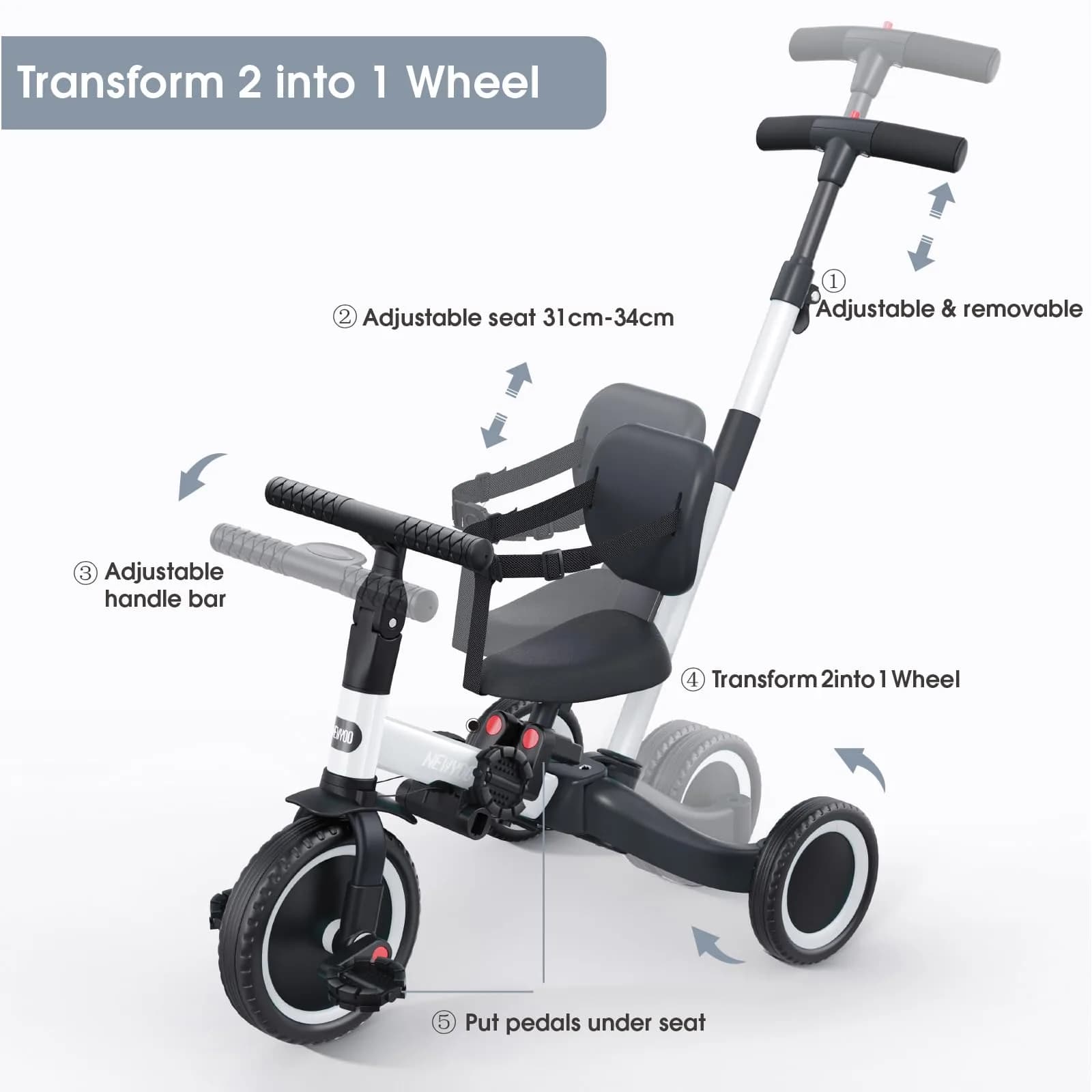 newyoo TR007 5-in-1 Toddler Tricycle & Balance Bike 12-36 Months | ASTM Approved - view 4