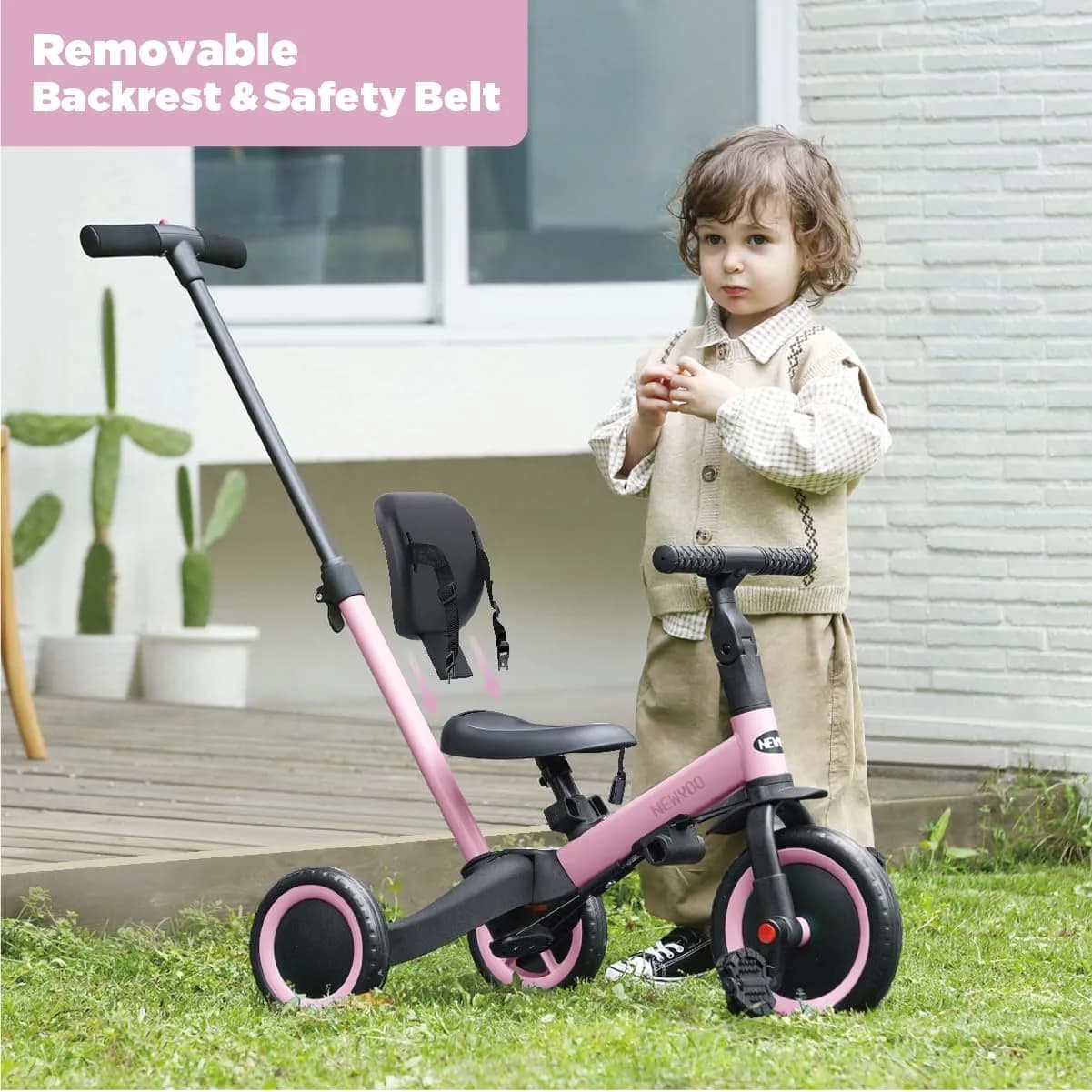 newyoo TR007 5-in-1 Toddler Tricycle & Balance Bike | Pink, 12-36 Months - view 3