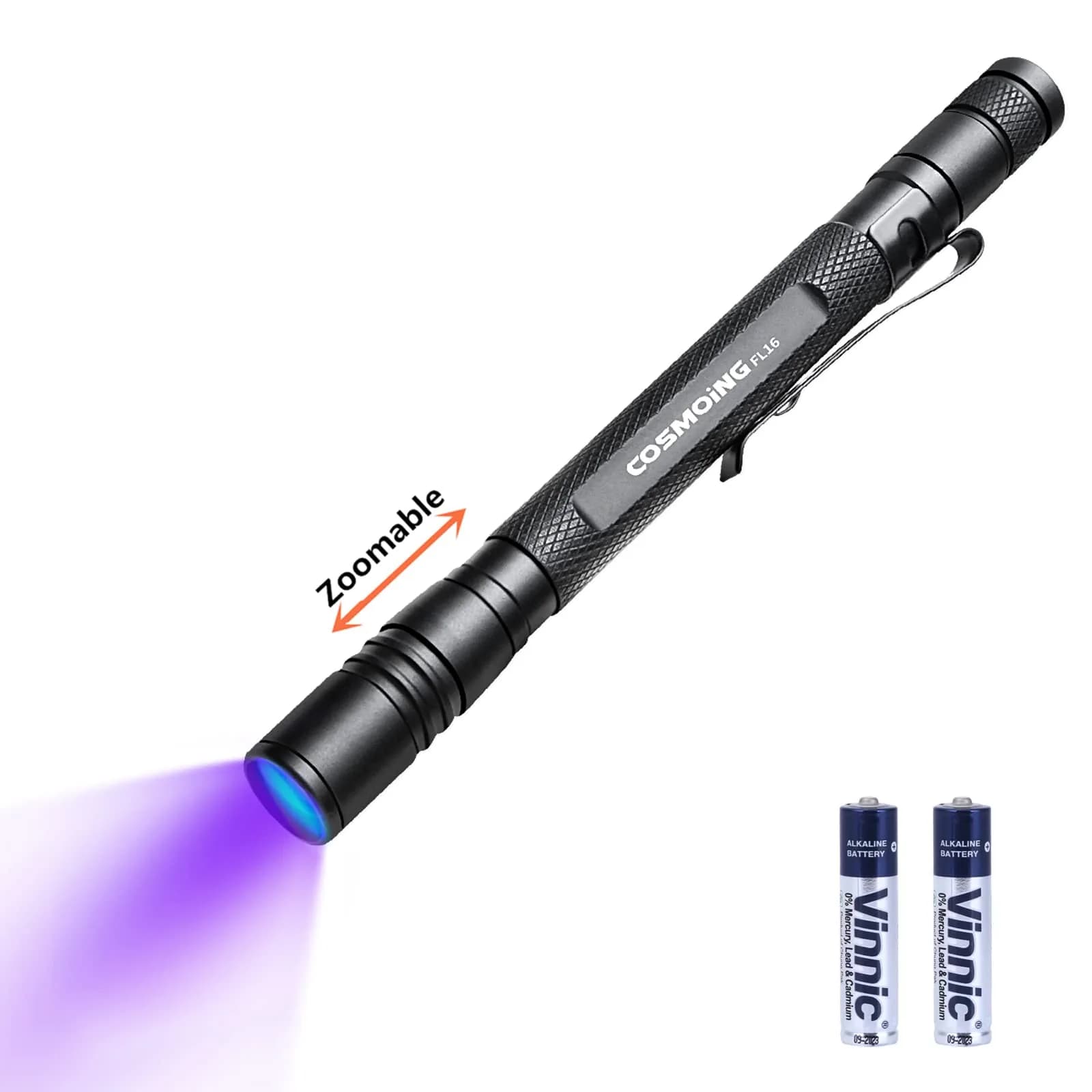 COSMOING 395nm UV Blacklight Flashlight with 2 AAA Batteries Included - main product image