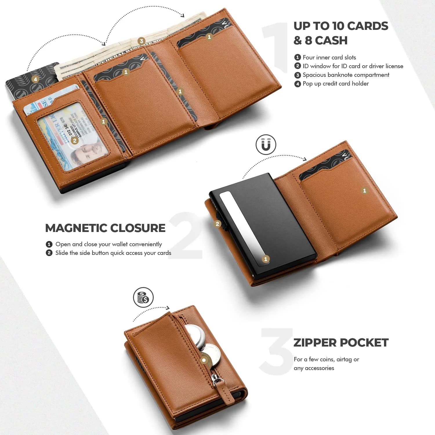 VULKIT Top Grain Leather Card Holder Wallet with Coin Pocket & ID Window | 10 Card Capacity, RFID Blocking - view 2
