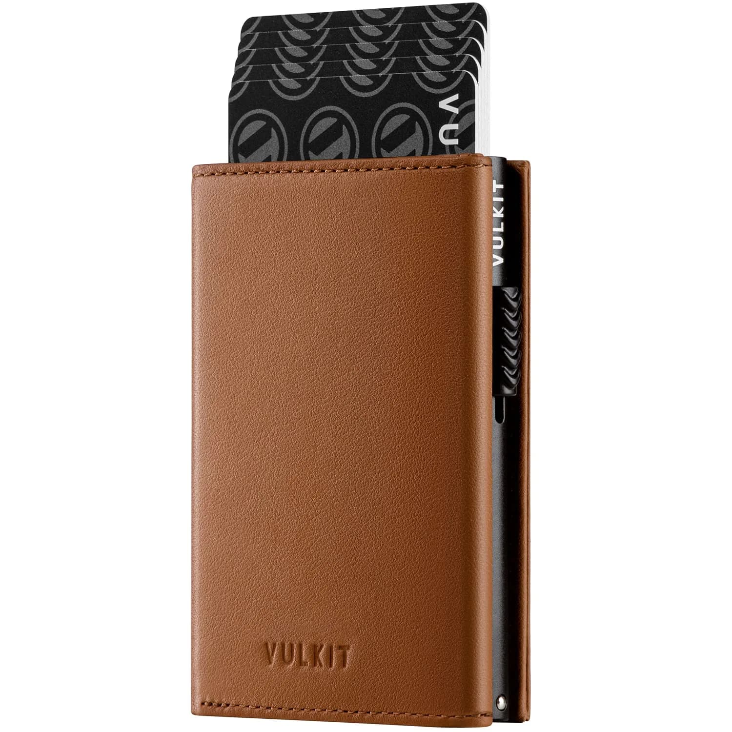 VULKIT RFID Blocking Card Holder Wallet with Coin Pocket & ID Window, Navy, 10 Cards Capacity — Top Grain Cowhide - Brown