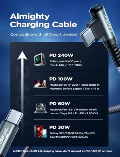 AINOPE 240W USB C to USB C Cable 2.0m (6.6ft) Right Angle | Fast Charging & Data Transfer thumbnail 4