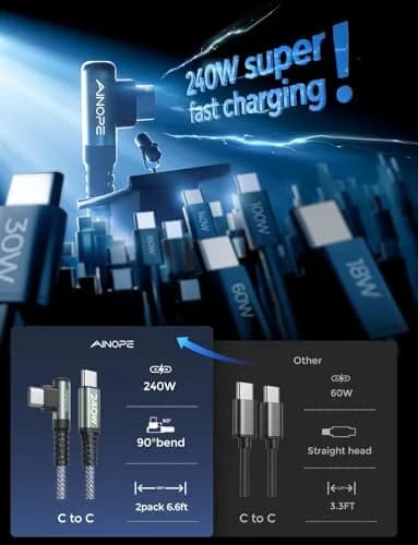 AINOPE 240W USB C to USB C Cable 2.0m (6.6ft) Right Angle | Fast Charging & Data Transfer thumbnail 2
