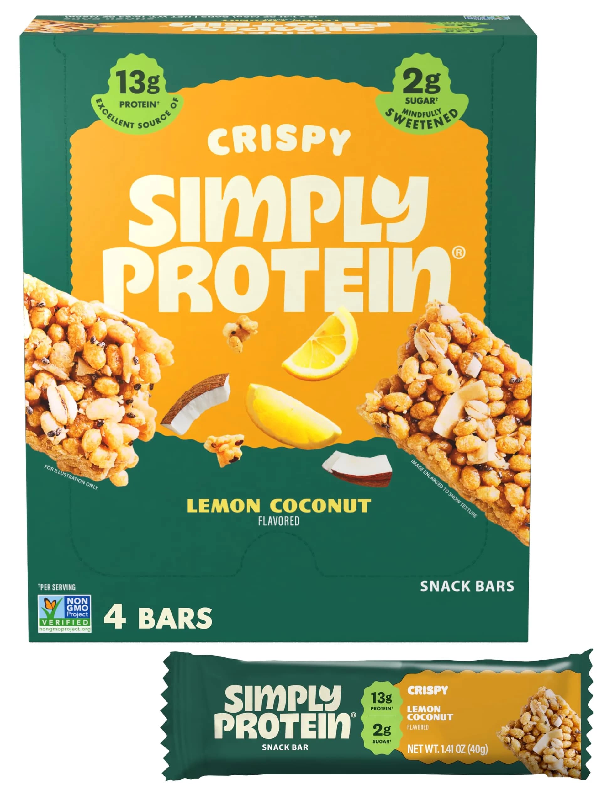 Simply Protein Lemon Coconut Crispy Bars - Plant Based Protein, Low Carb & Sugar, 13g Protein, 7g Fiber, Vegan, Gluten Free (4 Bars)