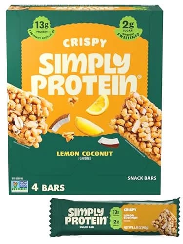 Simply Protein Lemon Coconut Crispy Bars - Plant Based Protein, Low Carb & Sugar, 13g Protein, 7g Fiber, Vegan, Gluten Free (4 Bars) thumbnail 1