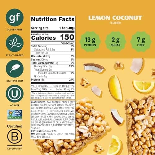 Simply Protein Lemon Coconut Crispy Bars - Plant Based Protein, Low Carb & Sugar, 13g Protein, 7g Fiber, Vegan, Gluten Free (4 Bars) thumbnail 3