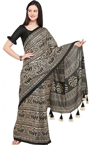EthnicJunction Khadi Silk Cotton Kalamkari Print Saree with Blouse Piece - 5.5 Mtrs (Beige & Black) thumbnail 1
