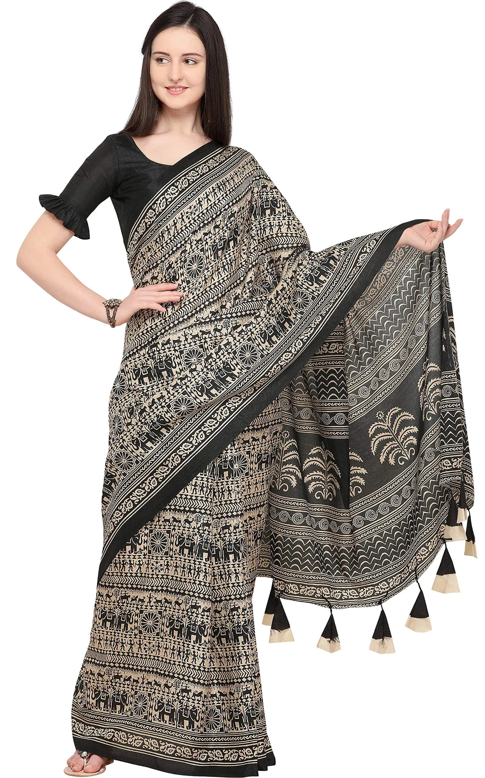EthnicJunction Khadi Silk Cotton Kalamkari Print Saree with Blouse Piece - 5.5 Mtrs (Beige & Black) — Black & Beige