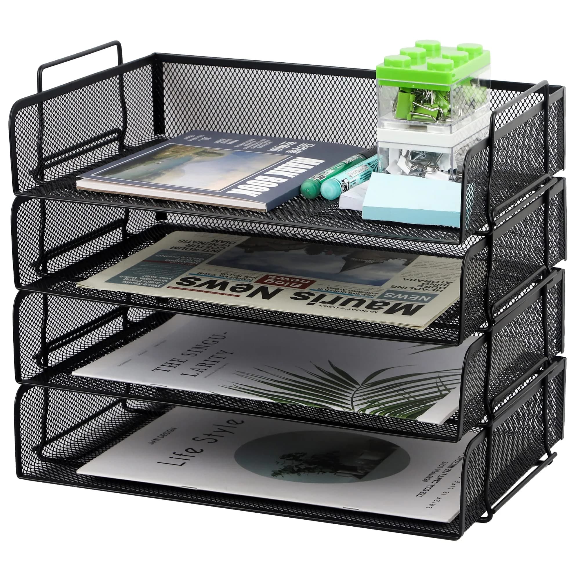 EASEPRES 4 Pack Stackable Desk Paper Tray, Metal Mesh Desktop Document Letter File Organizer for Office Home School, 13.5'' L x 9.75'' W x 11'' H, Black