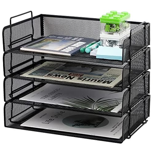 EASEPRES 4 Pack Stackable Desk Paper Tray, Metal Mesh Desktop Document Letter File Organizer for Office Home School, 13.5'' L x 9.75'' W x 11'' H, Black thumbnail 1