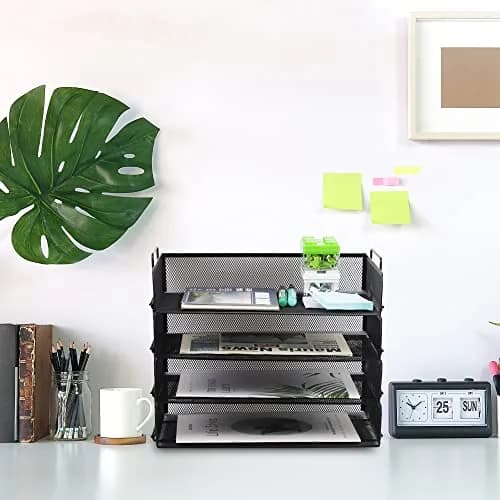 EASEPRES 4 Pack Stackable Desk Paper Tray, Metal Mesh Desktop Document Letter File Organizer for Office Home School, 13.5'' L x 9.75'' W x 11'' H, Black thumbnail 4