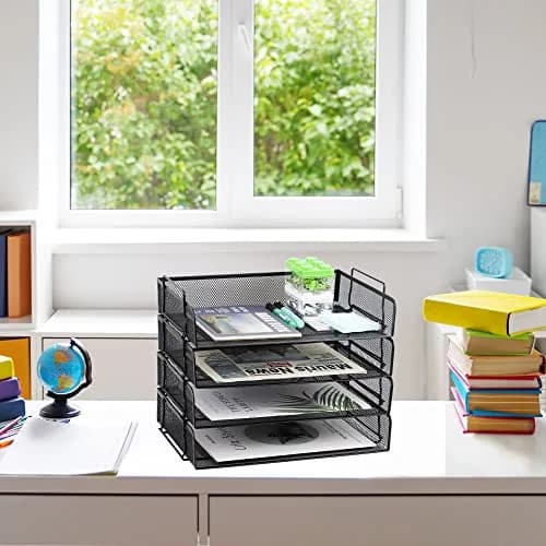 EASEPRES 4 Pack Stackable Desk Paper Tray, Metal Mesh Desktop Document Letter File Organizer for Office Home School, 13.5'' L x 9.75'' W x 11'' H, Black thumbnail 2