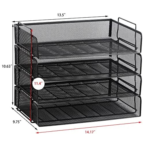 EASEPRES 4 Pack Stackable Desk Paper Tray, Metal Mesh Desktop Document Letter File Organizer for Office Home School, 13.5'' L x 9.75'' W x 11'' H, Black thumbnail 3