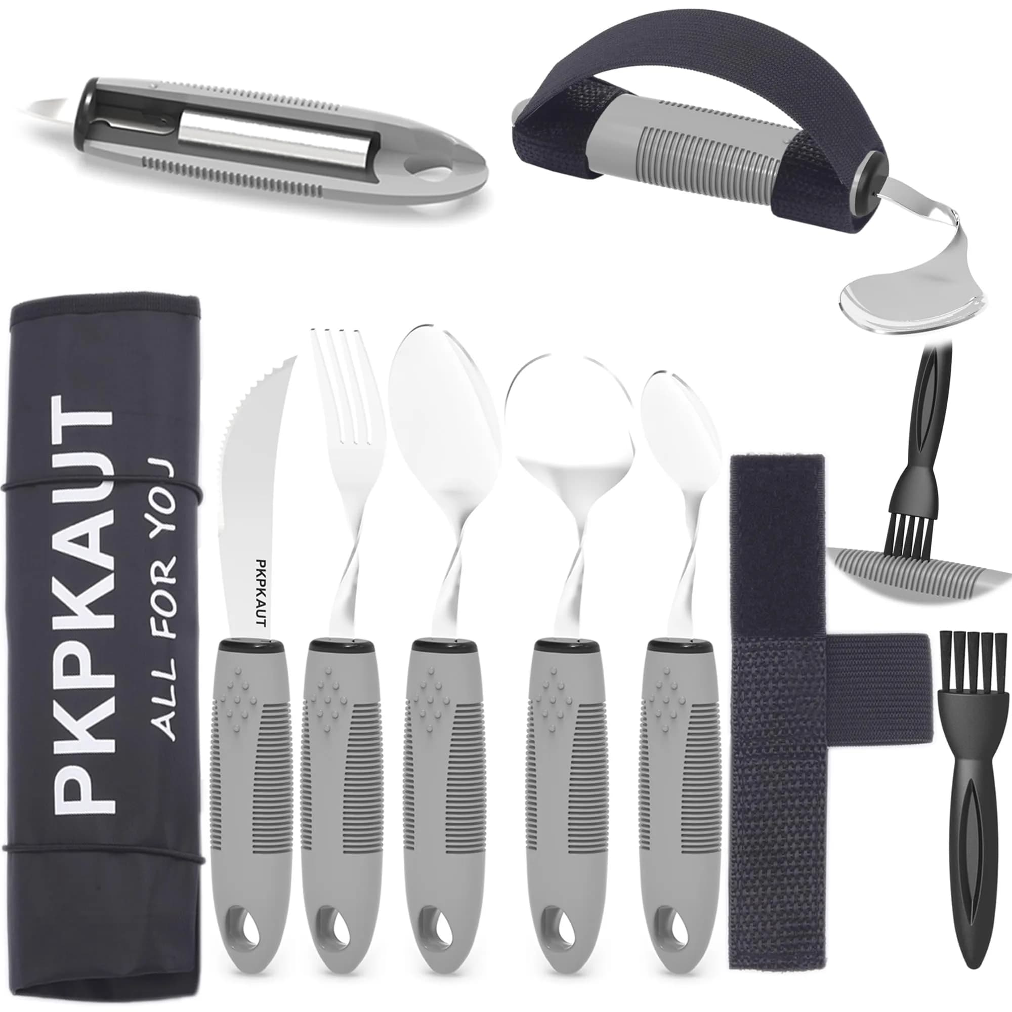 PKPKAUT Weighted Adaptive Utensils Set with Universal Cuff & Roll Bag | 204g (7.2 oz) Utensils for Hand Tremors, Parkinson's, Arthritis - main product image