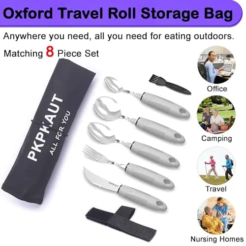 PKPKAUT Weighted Adaptive Utensils Set with Universal Cuff & Roll Bag | 204g (7.2 oz) Utensils for Hand Tremors, Parkinson's, Arthritis thumbnail 6