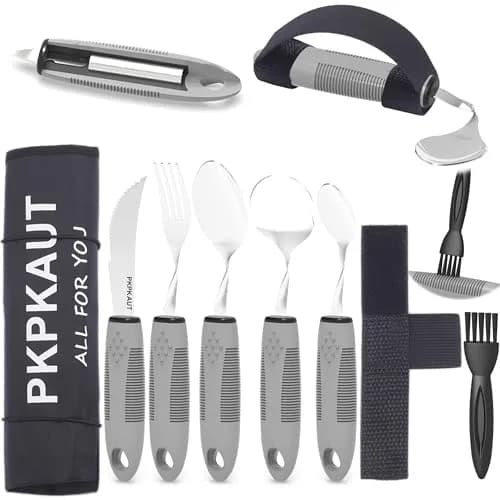 PKPKAUT Weighted Adaptive Utensils Set with Universal Cuff & Roll Bag | 204g (7.2 oz) Utensils for Hand Tremors, Parkinson's, Arthritis thumbnail 1