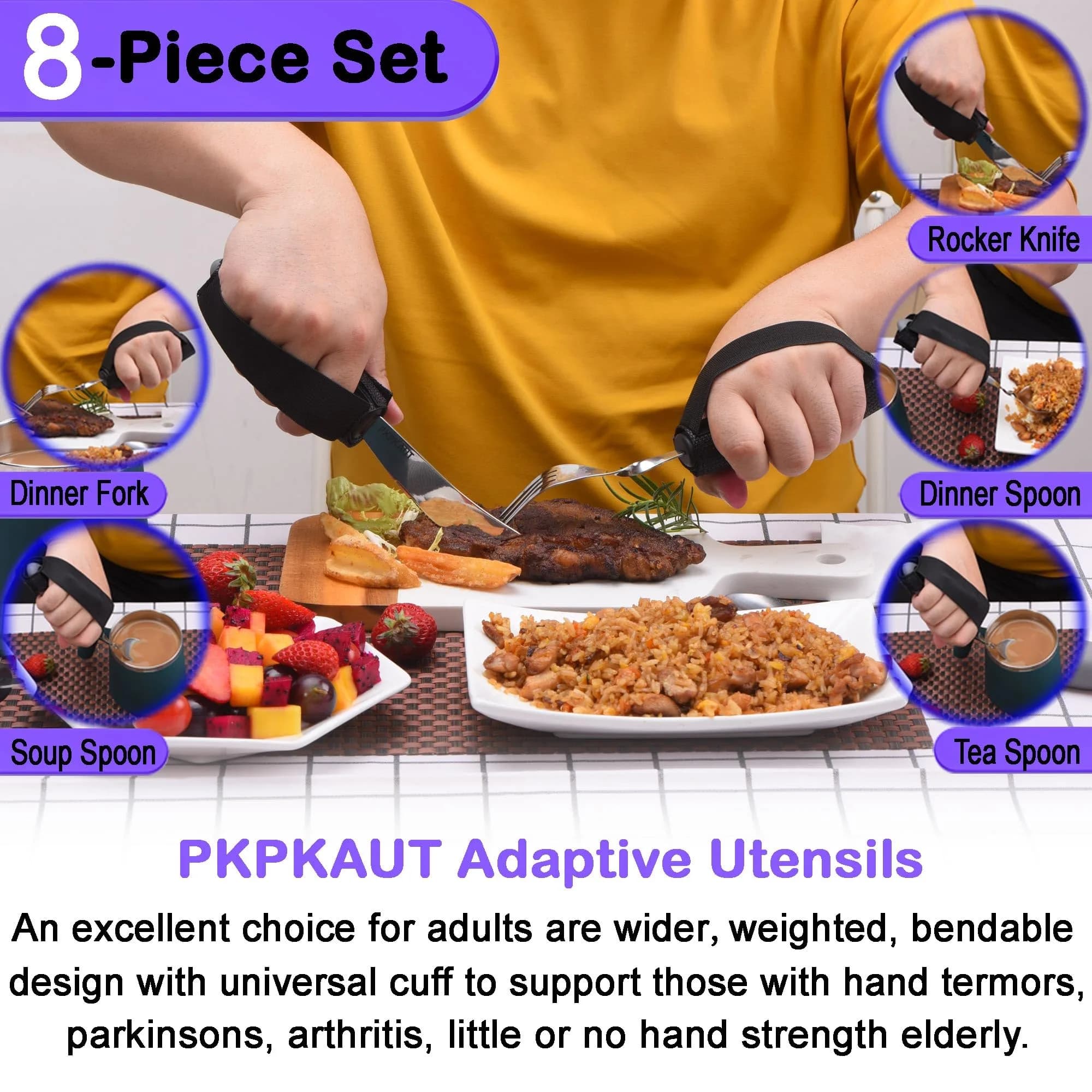 PKPKAUT Weighted Adaptive Utensils Set with Universal Cuff & Roll Bag | 204g (7.2 oz) Utensils for Hand Tremors, Parkinson's, Arthritis - view 2