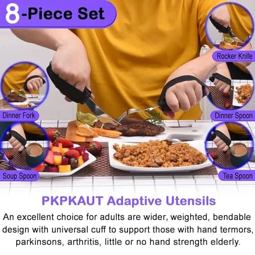 PKPKAUT Weighted Adaptive Utensils Set with Universal Cuff & Roll Bag | 204g (7.2 oz) Utensils for Hand Tremors, Parkinson's, Arthritis thumbnail 2