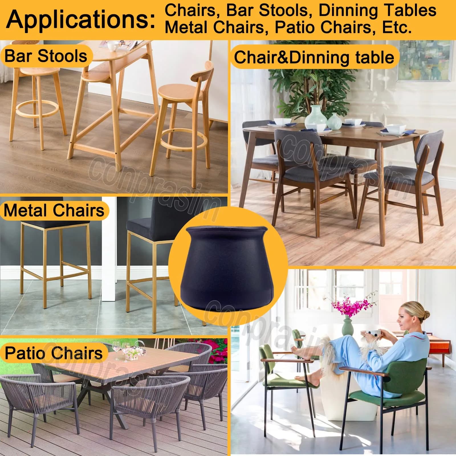 Conprasim Silicone Chair Leg Floor Protectors 32mm-42mm | Protects Floors, Reduces Noise, Anti-Slip (16-Pack, Black) - view 6