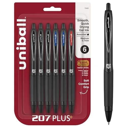 Uni-Ball 207 Plus+ Gel Pens Assorted Ink 0.7mm Medium Point 6 Count | Smooth Writing, Fade-Resistant, Fraud-Resistant thumbnail 1