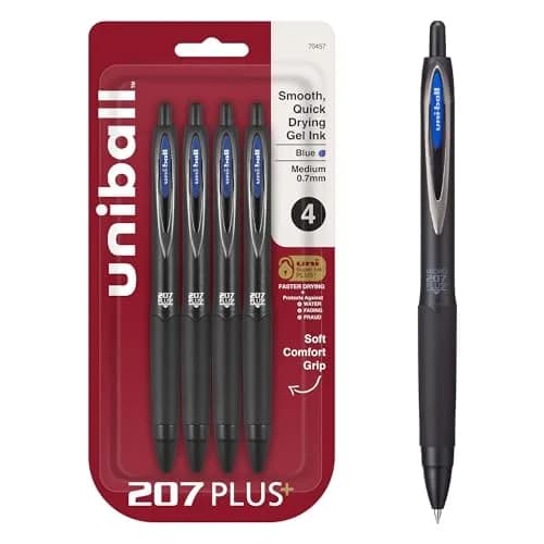 uni-ball 207 Plus+ Gel Pens Blue Ink 0.7mm Medium Point 4 Count | Smooth Writing, Smear-Resistant, Uni Super Ink Plus+ — Blue