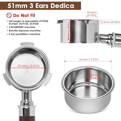 YMWVH 51mm Bottomless Portafilter 3 Ears for Delonghi Dedica EC680/EC685, Blackwood Handle | Espresso Extraction Control thumbnail 2