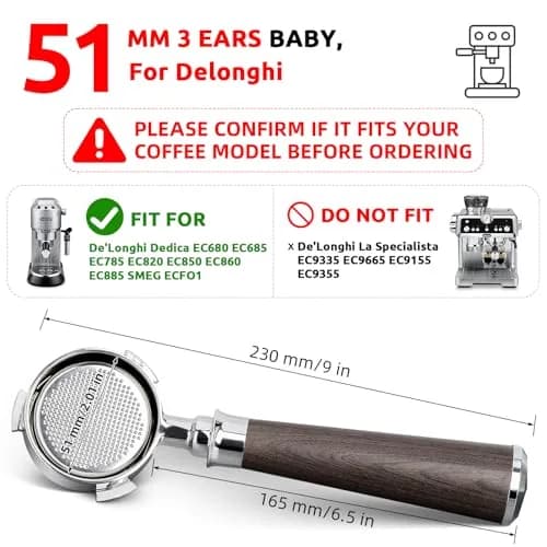 YMWVH 51mm Bottomless Portafilter 3 Ears for Delonghi Dedica EC680/EC685, Blackwood Handle | Espresso Extraction Control thumbnail 3