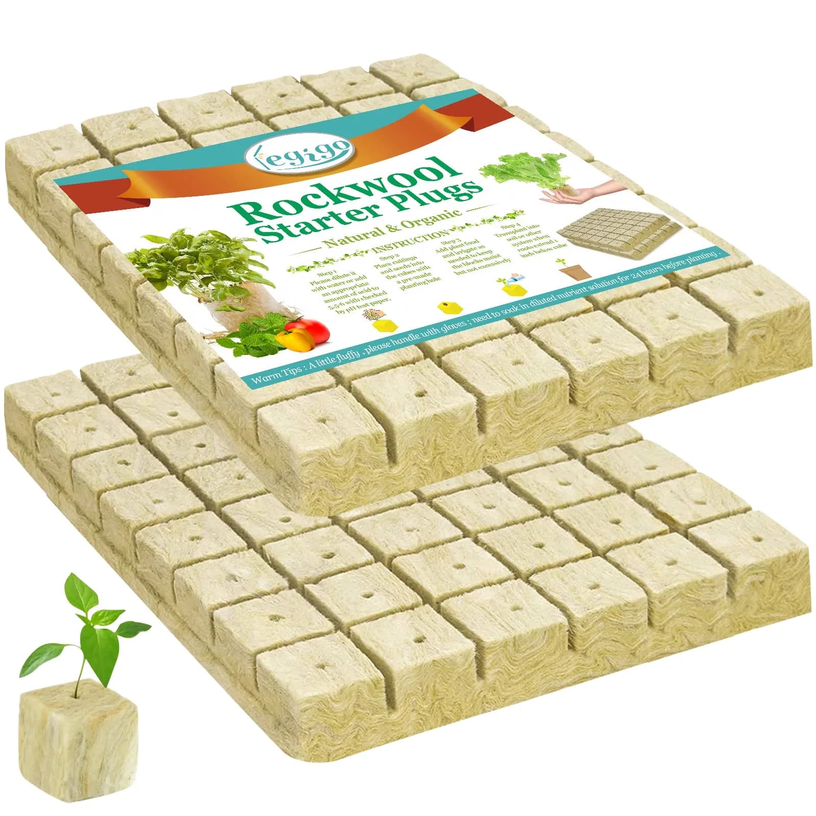 Legigo Rockwool Cubes Seed Starter Plugs 1 Inch (2.54cm) for Hydroponics, 300 Plugs | Premium Basalt Fiber for Rooting — 2 Sheet