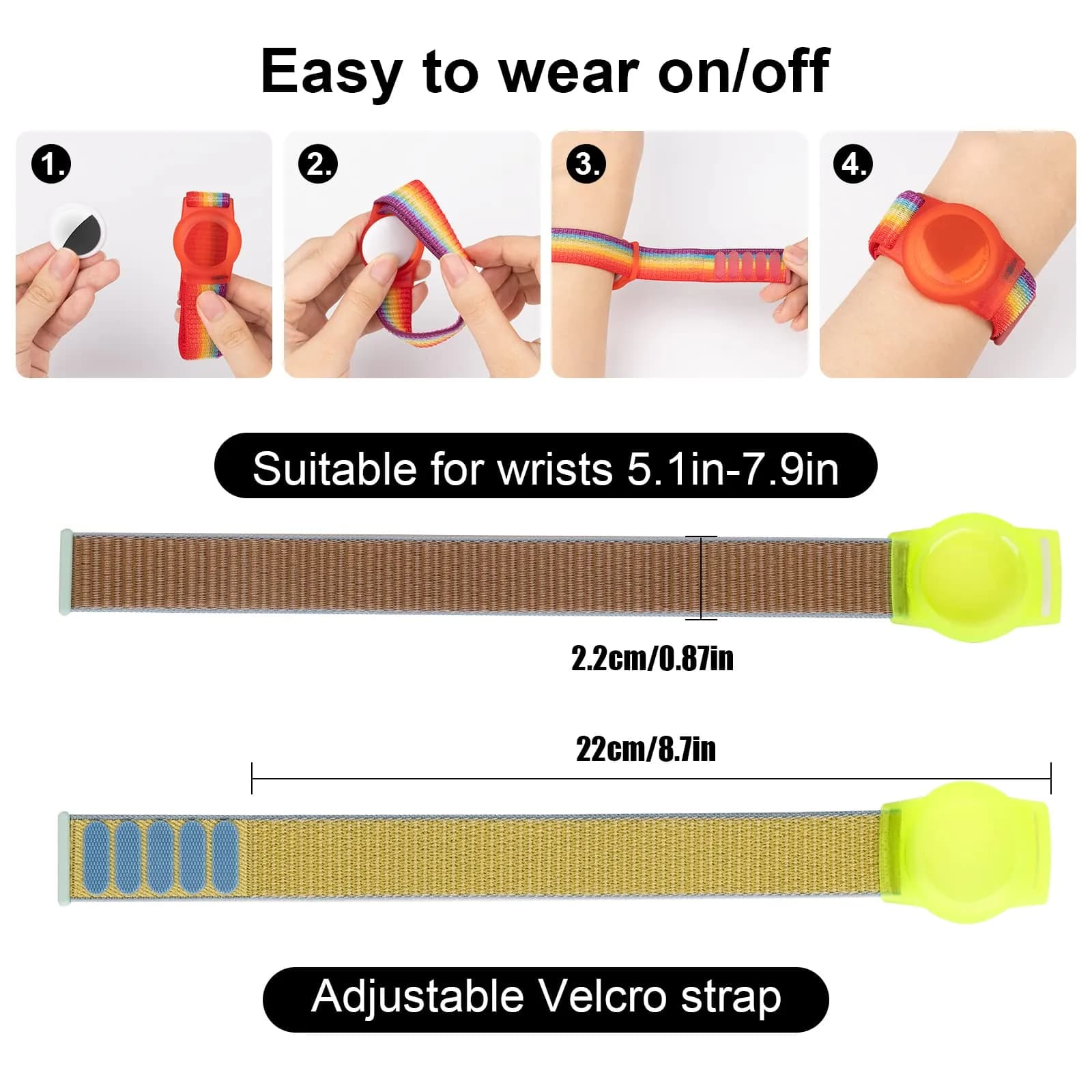 Qonuiy Yellow & Khaki AirTag Wristband with Protective Case for Kids | 18 cm (7.1 in) - view 2
