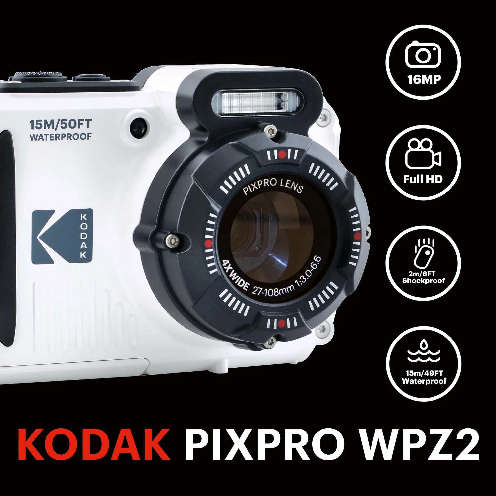 Kodak Pixpro WPZ2 Compact Digital Camera 16MP 4x Optical Zoom, Waterproof 15m, Shockproof, 720p HD Video, 2.7" LCD, White | Rugged Adventure Camera - view 2