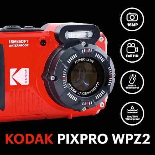 KODAK PIXPRO WPZ2 Waterproof Digital Camera 16MP 4X Optical Zoom 15m Red | 1080p HD Video thumbnail 2