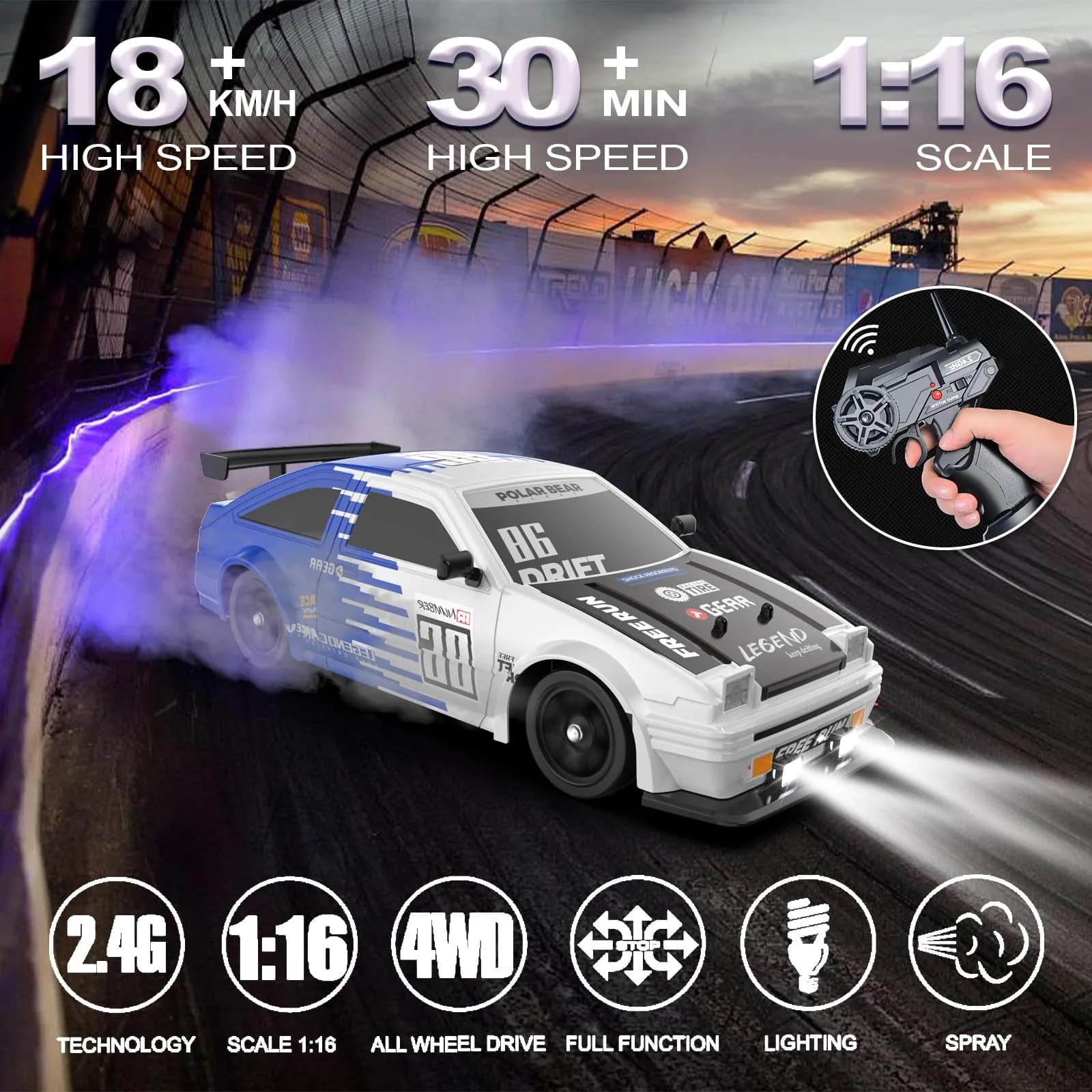 Desdoni 1:16 Scale RC Drift Car - G-blue-1 Colour with LED Lights & Spray - view 2