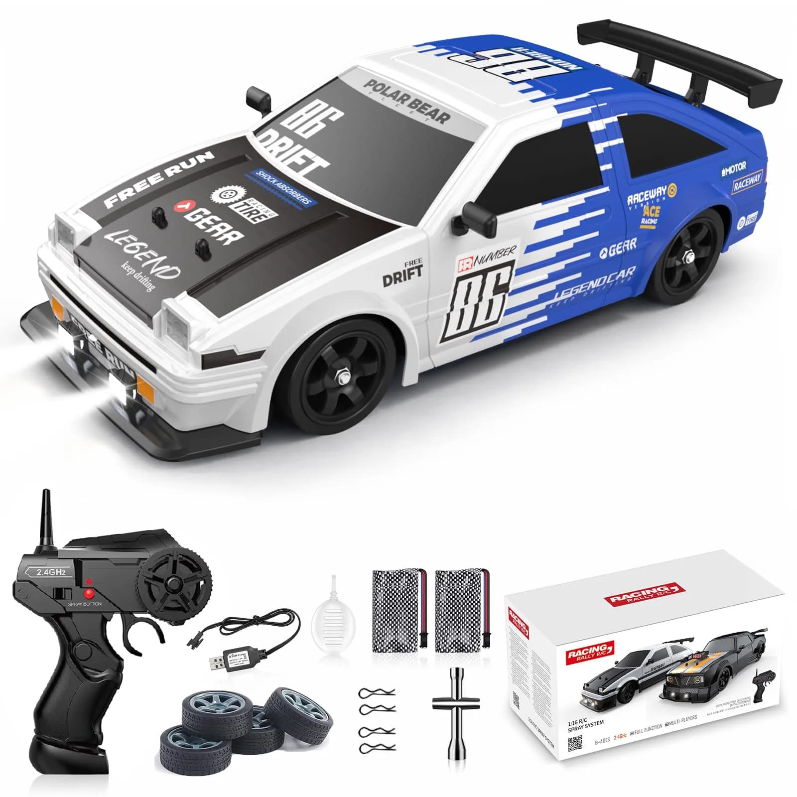 Desdoni RC Drift Car 1:16 Scale 28.5 cm (11.22 inches) | 4WD High-Speed Remote Control Toy with LED Lights & Spray — G-blue-1