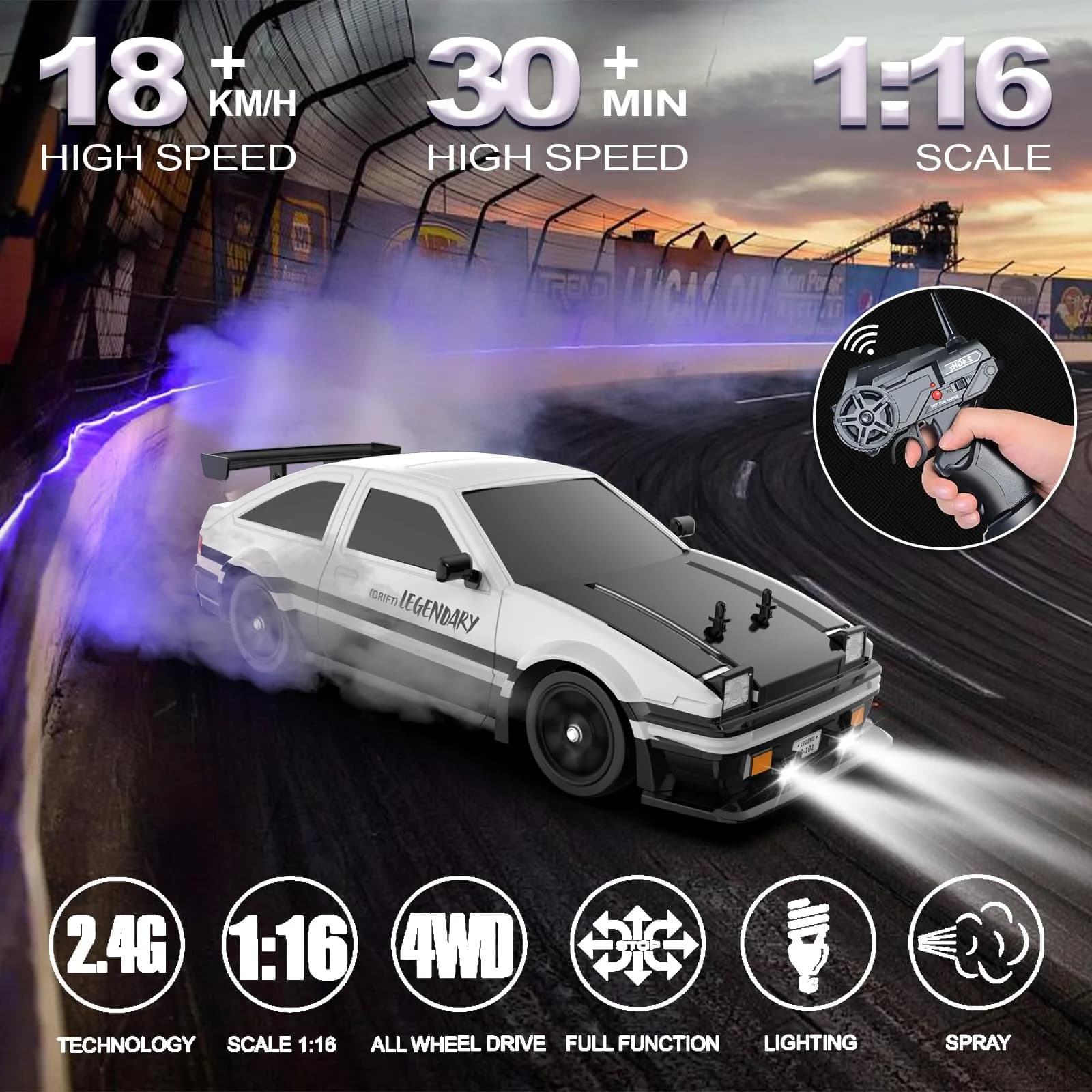 Desdoni RC Drift Car 1:16 Scale 28.5 cm (11.22 inches) | 4WD High-Speed Remote Control Toy with LED Lights & Spray - view 2