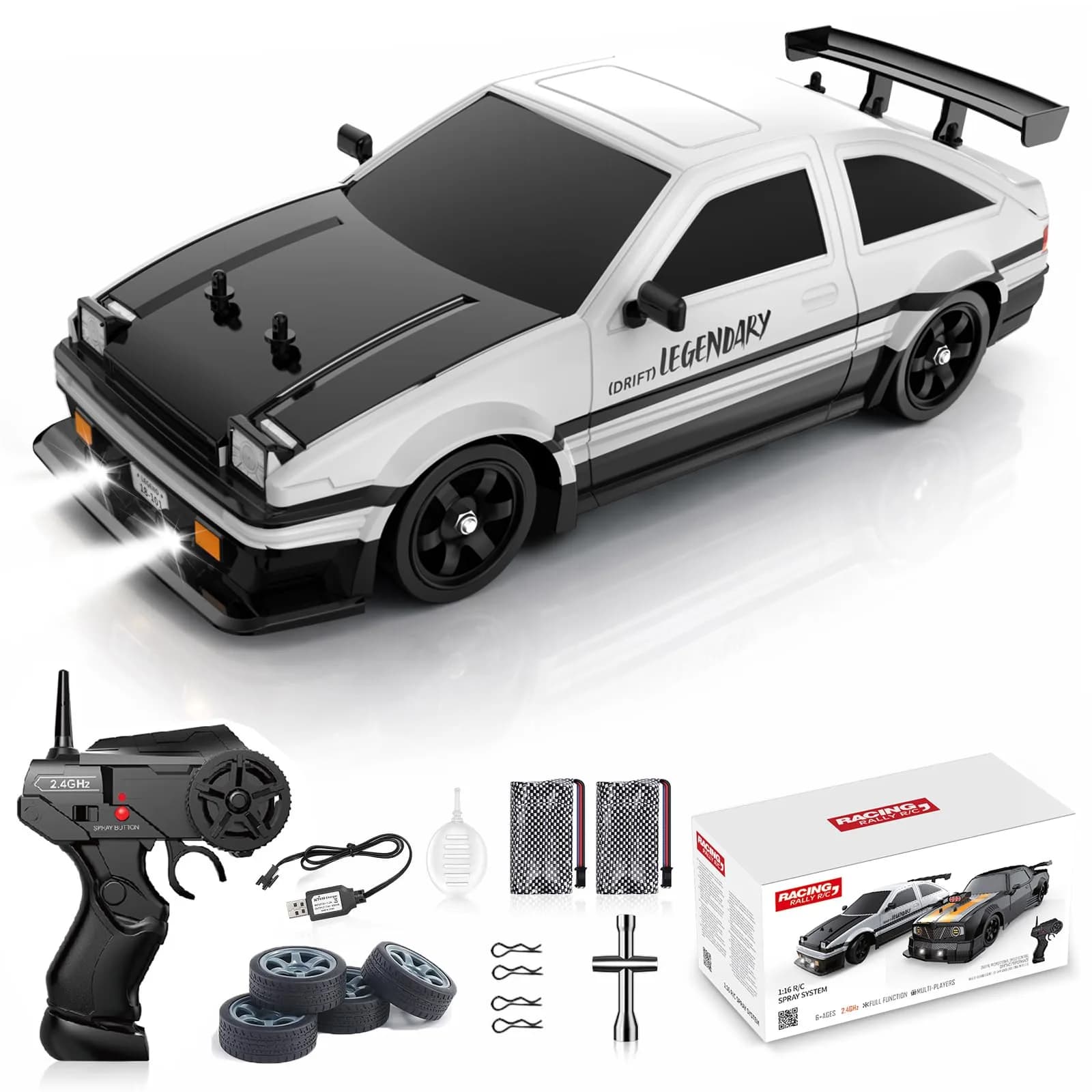 Desdoni 1:16 Scale RC Drift Car | 4WD 18KM/H High Speed with LED Lights & Spray — A-white