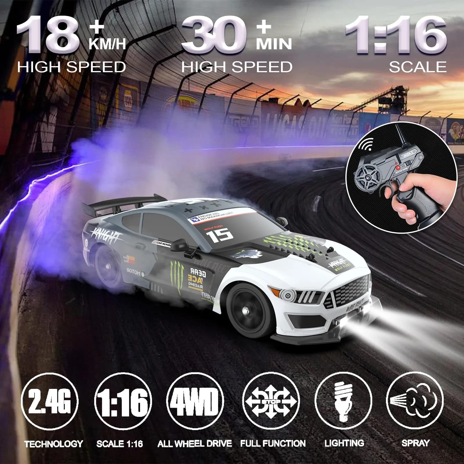 Desdoni 1:16 Scale RC Drift Car | 4WD 18KM/H High Speed with LED Lights & Spray - view 2