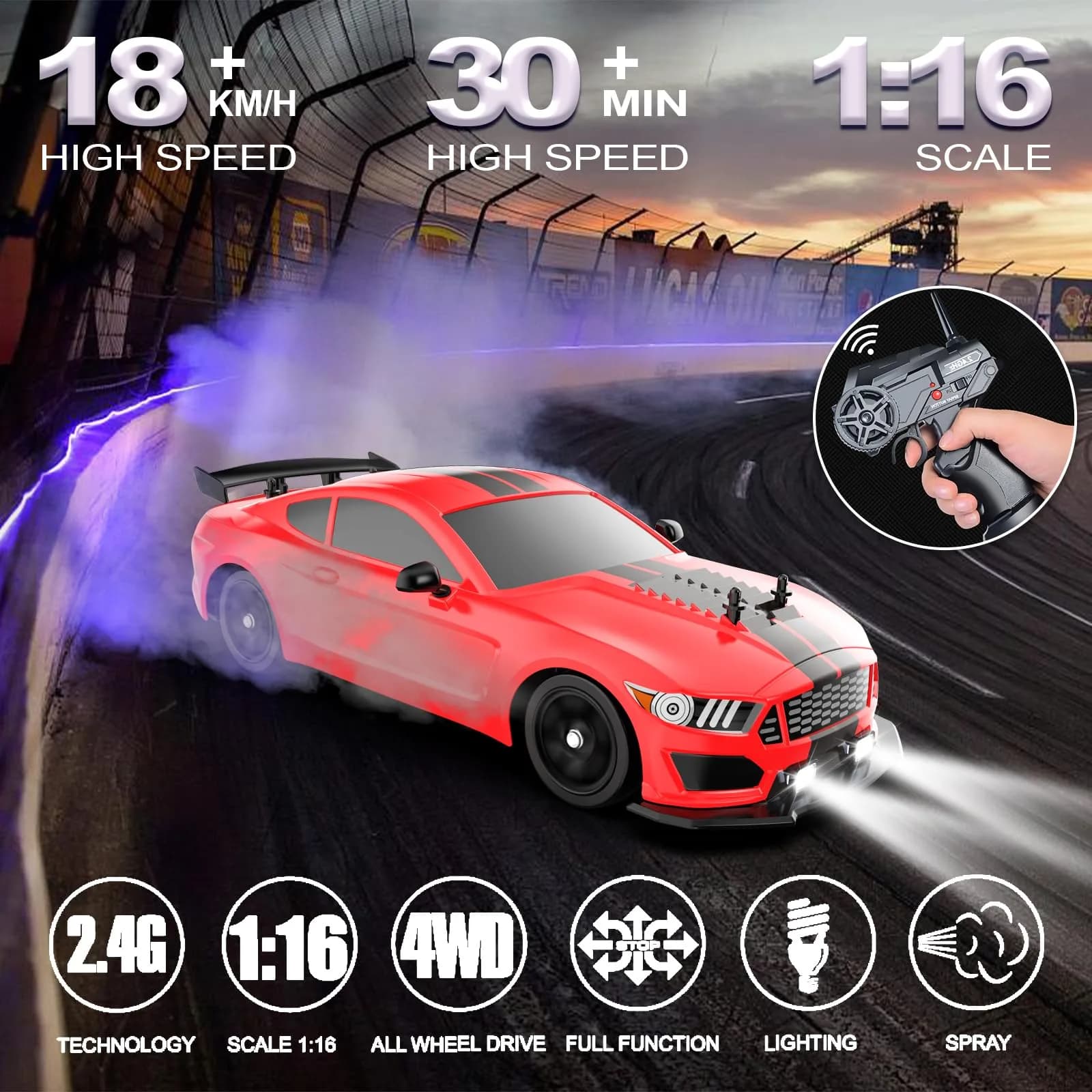 Desdoni H-Red 1:16 Scale RC Drift Car with LED Lights & Spray - 28.5 cm - view 2