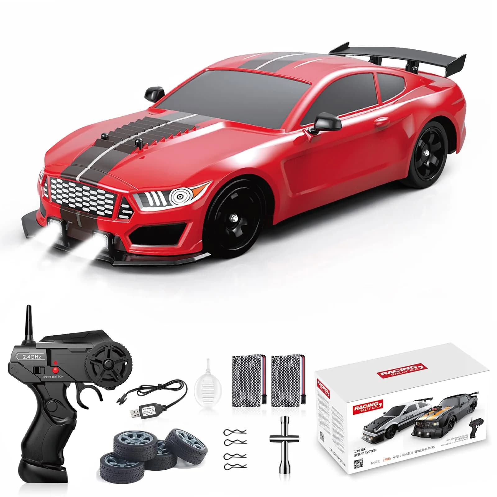 Desdoni RC Drift Car 1:16 Scale 28.5 cm (11.22 inches) | 4WD High-Speed Remote Control Toy with LED Lights & Spray — H-red