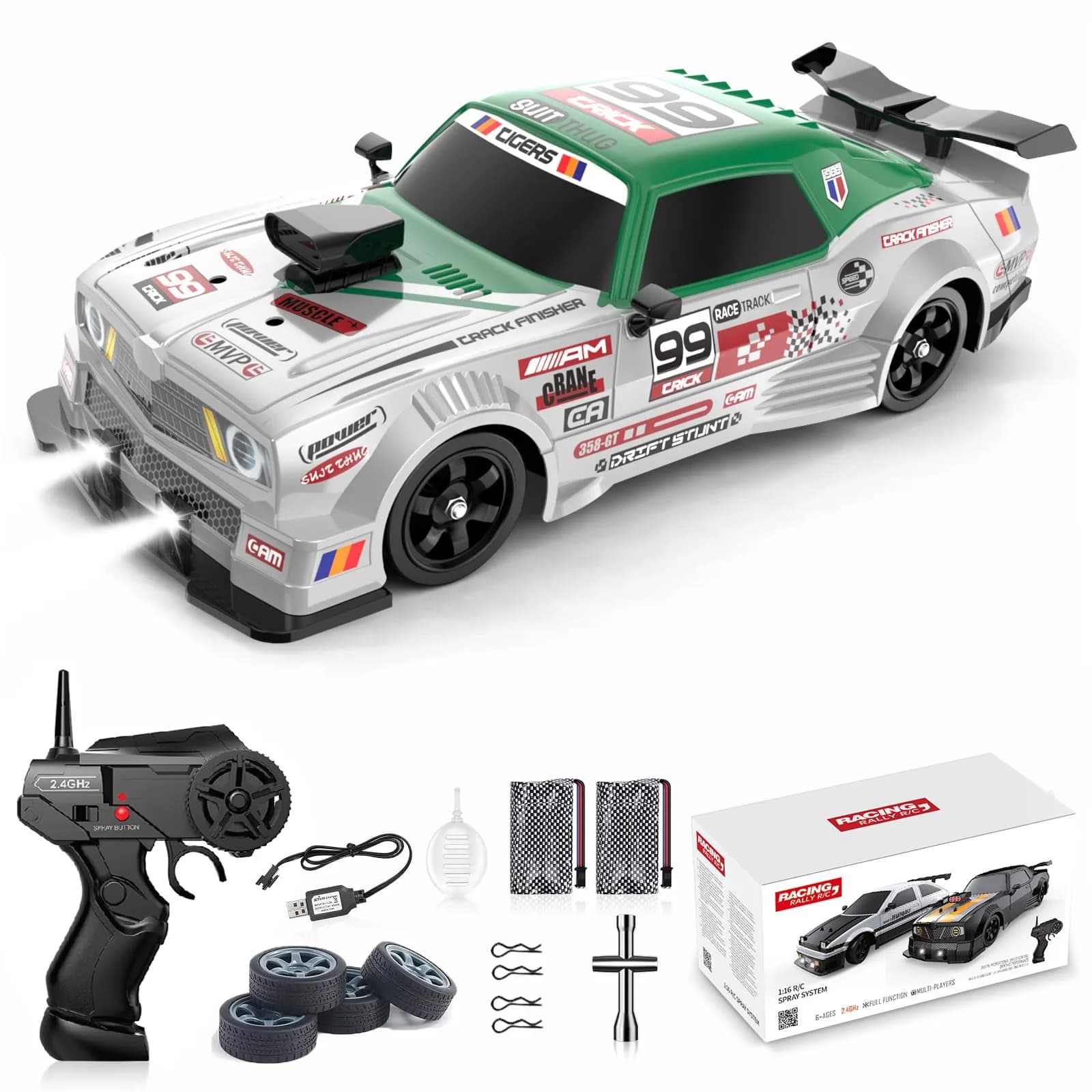Desdoni 1:16 Scale RC Drift Car - F-Green 4WD High Speed with LED Lights & Spray - main product image