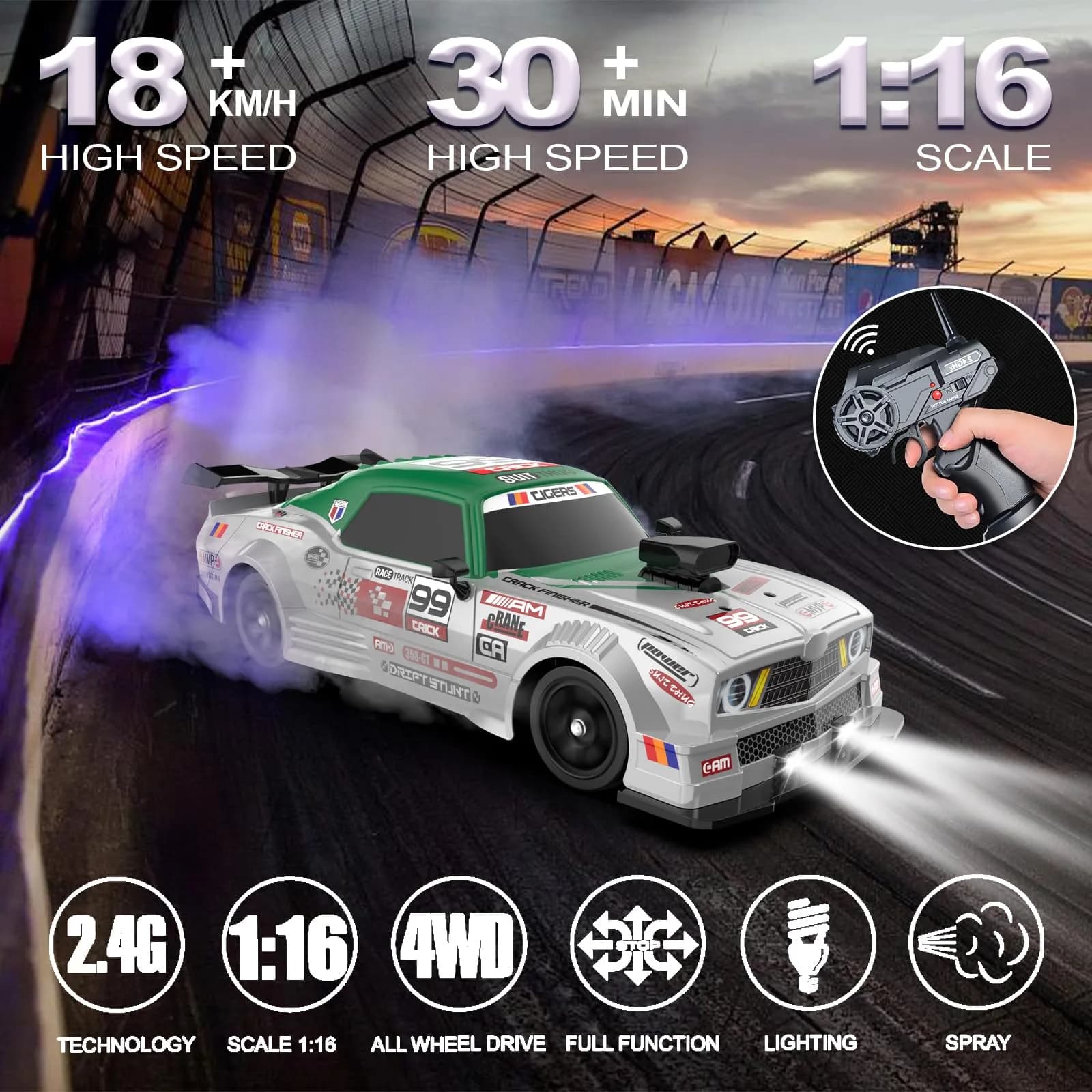 Desdoni 1:16 Scale RC Drift Car - F-Green 4WD High Speed with LED Lights & Spray - view 2