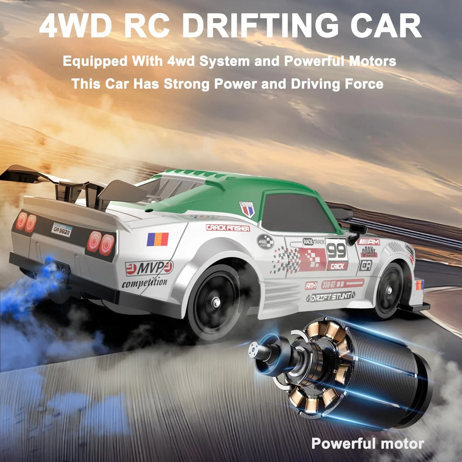 Desdoni 1:16 Scale RC Drift Car - F-Green 4WD High Speed with LED Lights & Spray - view 3