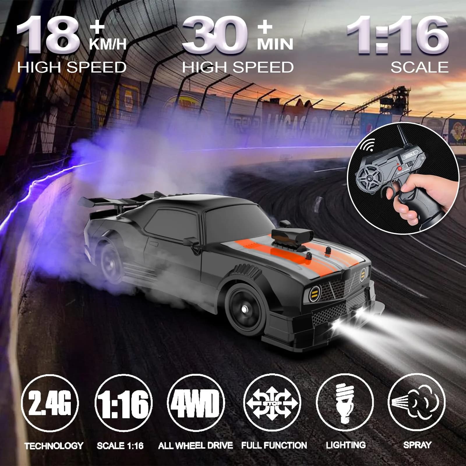 Desdoni B-Black 1:16 Scale RC Drift Car with LED Lights & Spray - 28.5 cm - view 2