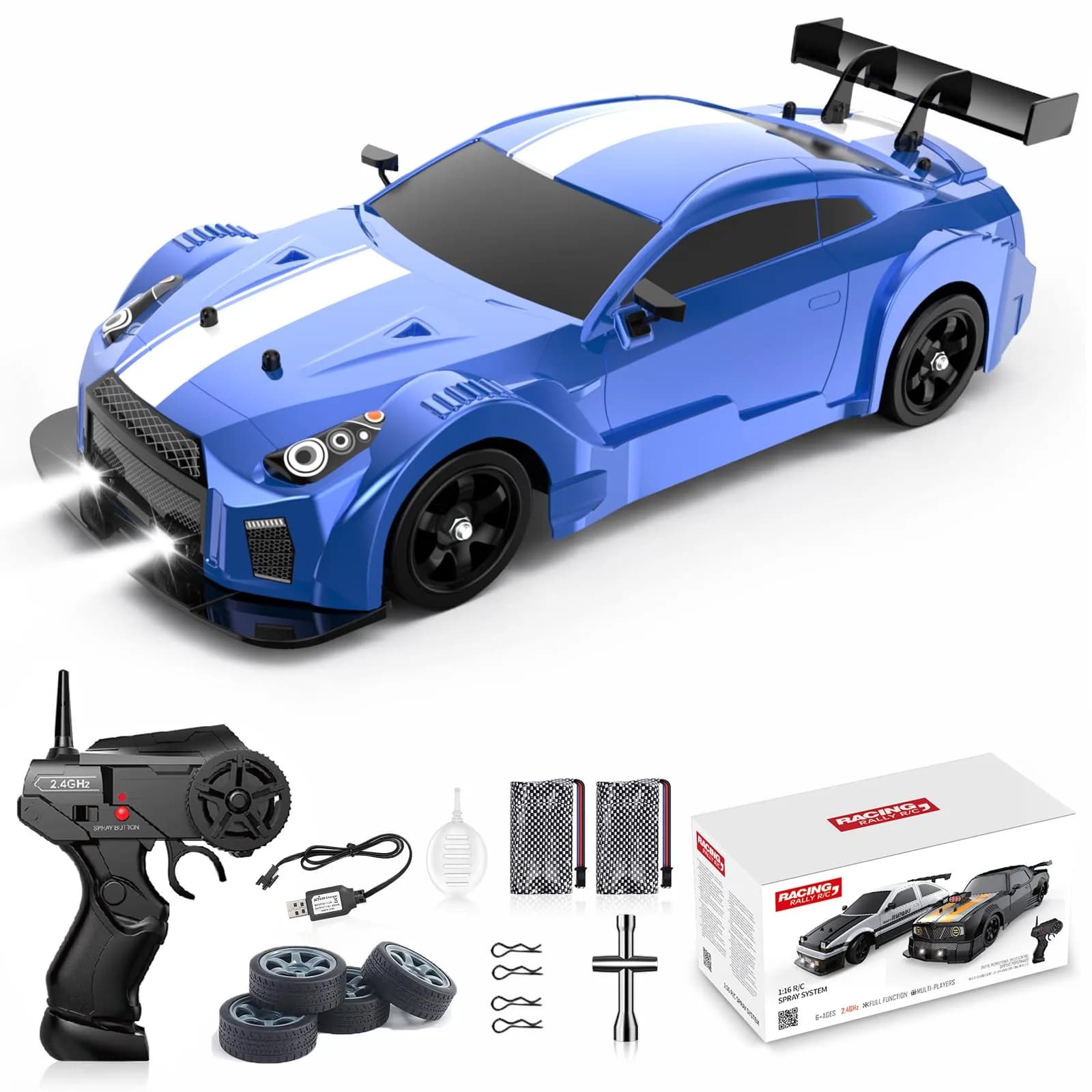Desdoni 1:16 Scale RC Drift Car - C-Blue 4WD 18KM/H High Speed with LED Lights & Spray - main product image