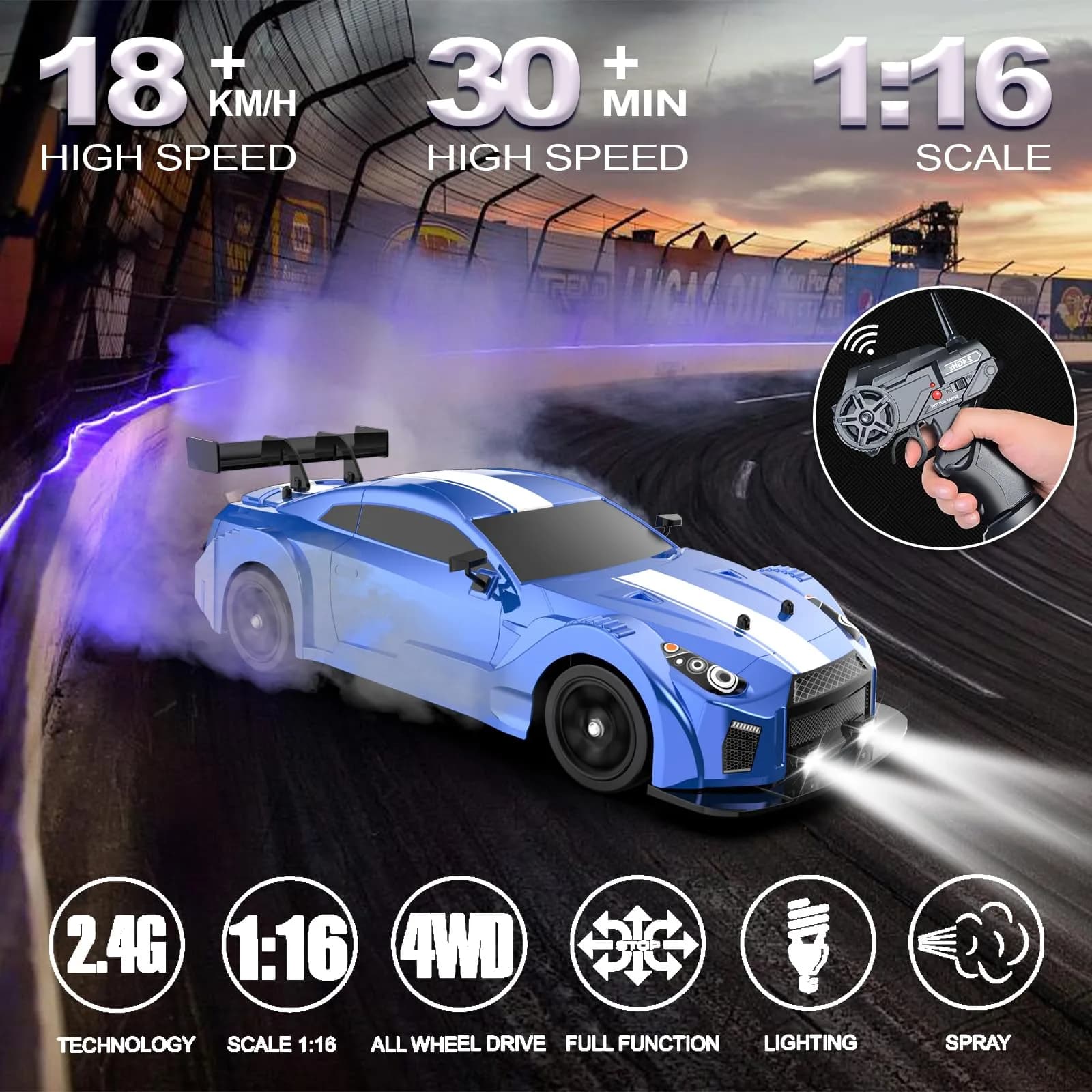 Desdoni 1:16 Scale RC Drift Car - C-Blue 4WD 18KM/H High Speed with LED Lights & Spray - view 2