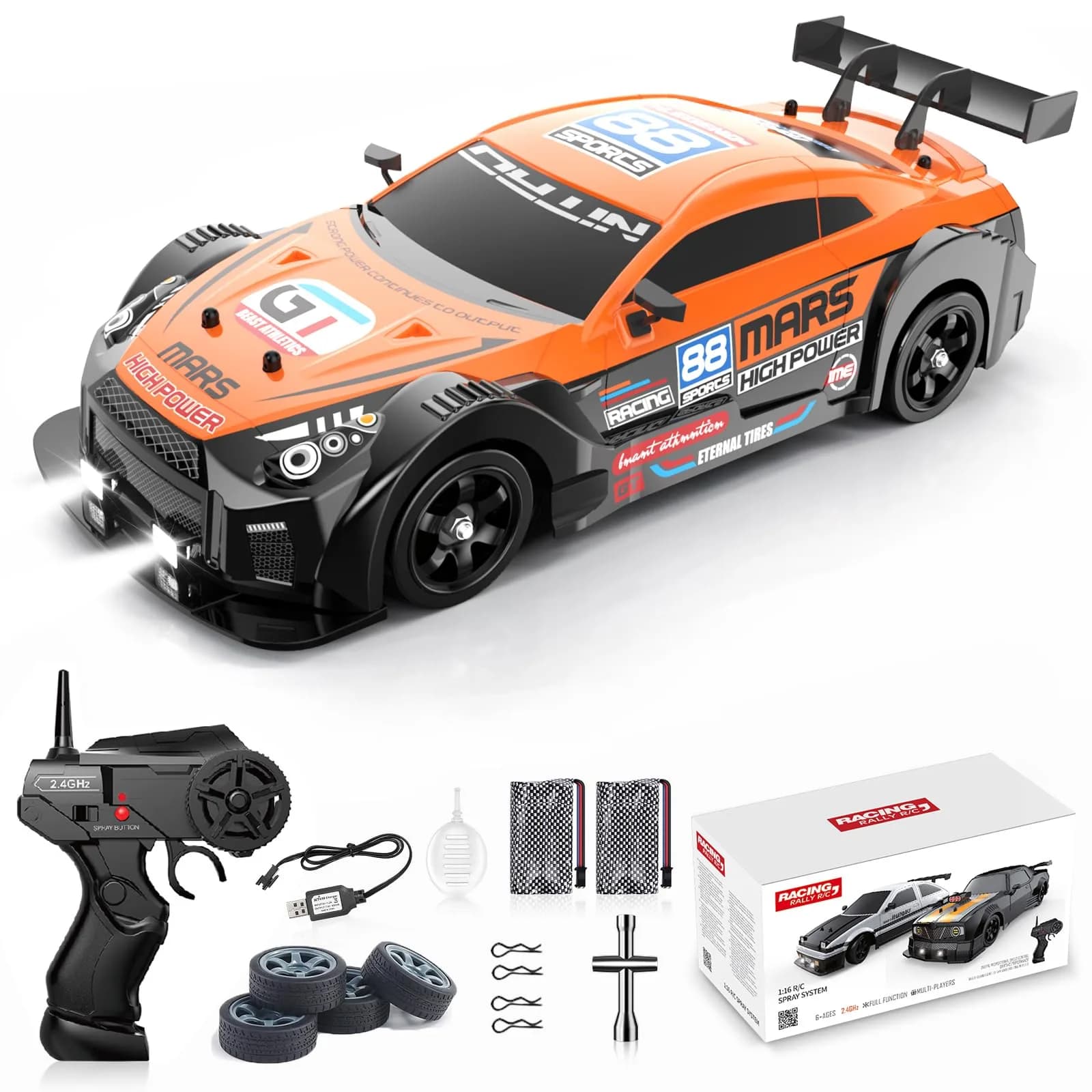 Desdoni 1:16 Scale RC Drift Car - D-Orange 4WD 18KM/H with LED Lights & Spray - main product image