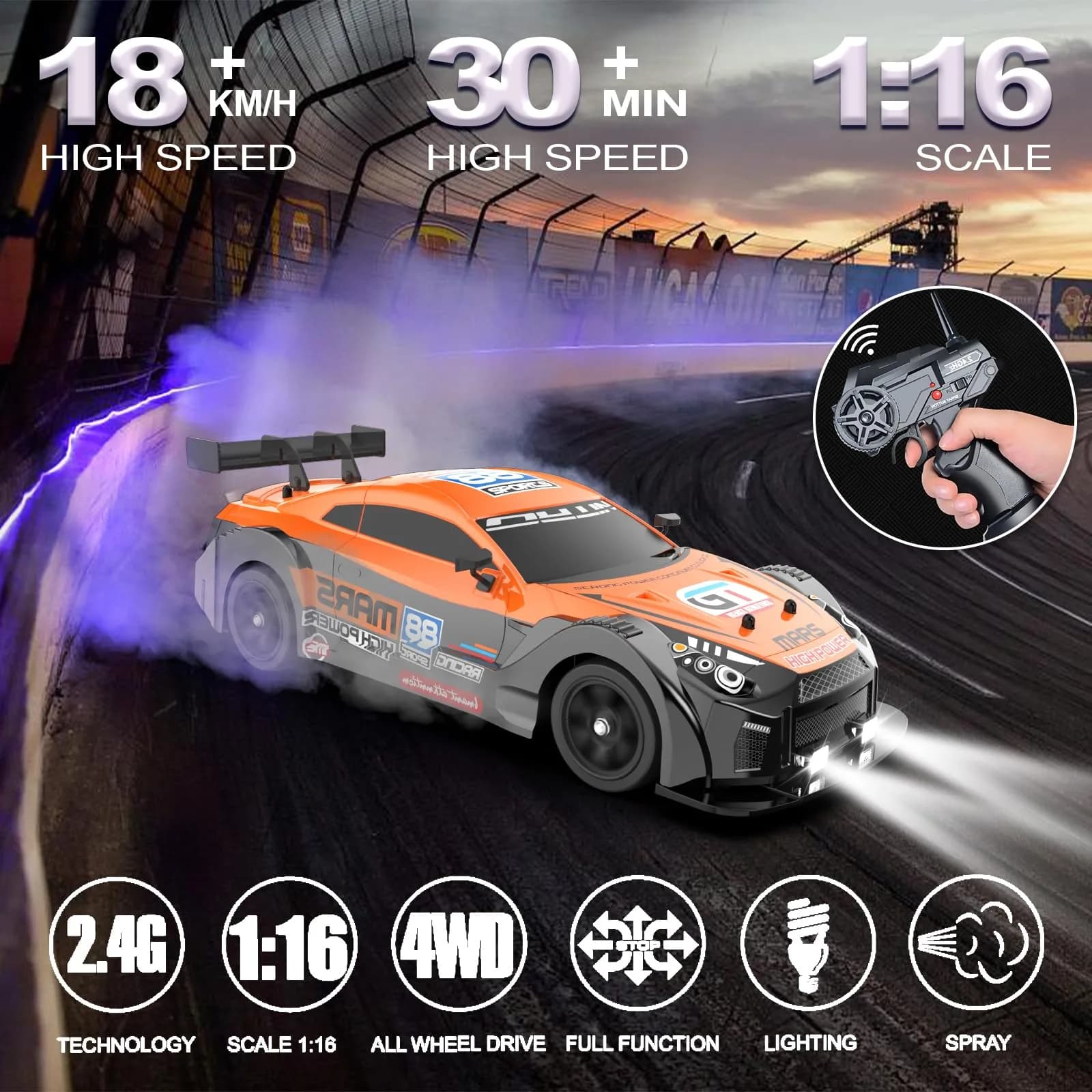 Desdoni 1:16 Scale RC Drift Car - D-Orange 4WD 18KM/H with LED Lights & Spray - view 2