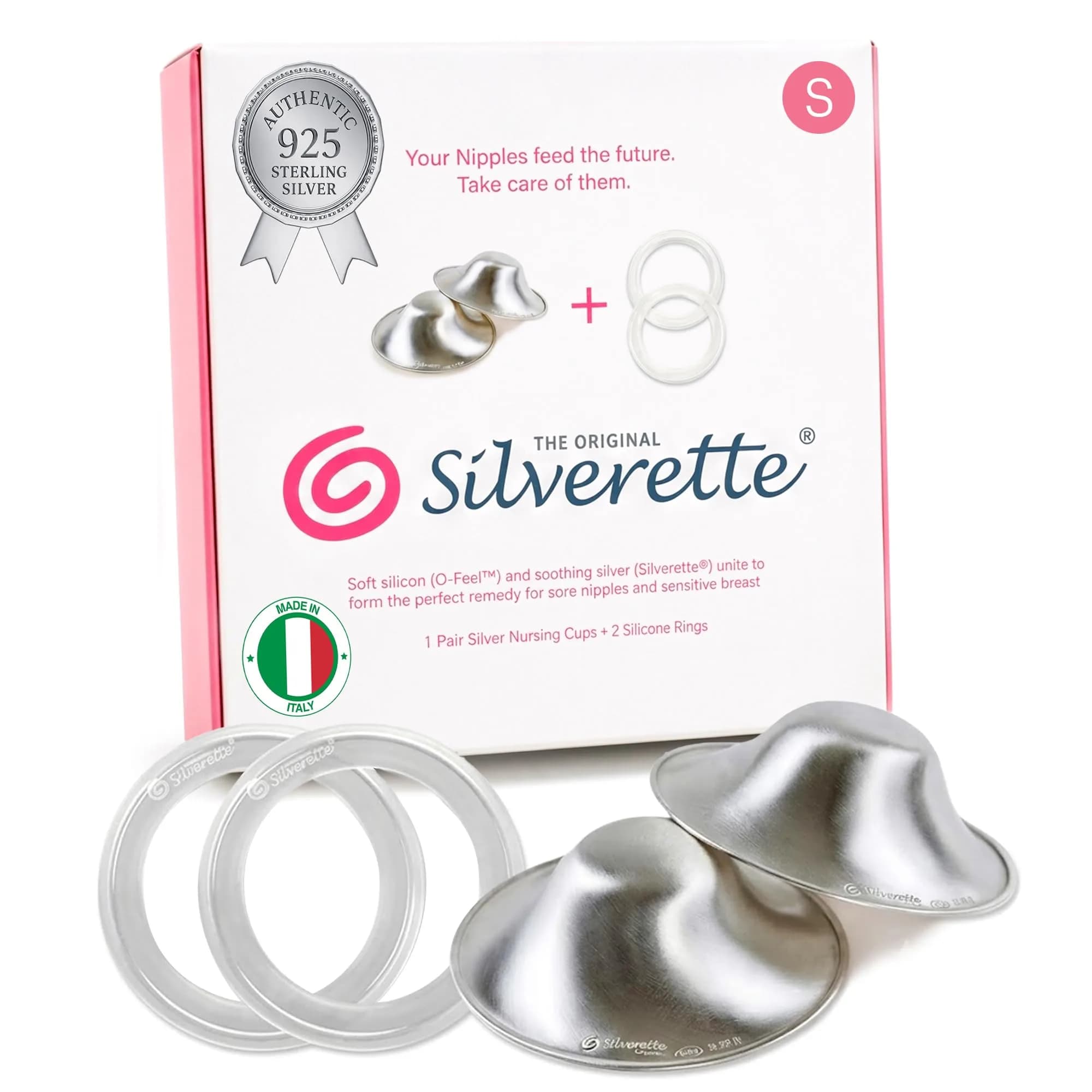 Silverette Silver Nursing Cups with O-Feel Silicone Rings | Handcrafted Sterling Silver for Soothing Relief - main product image
