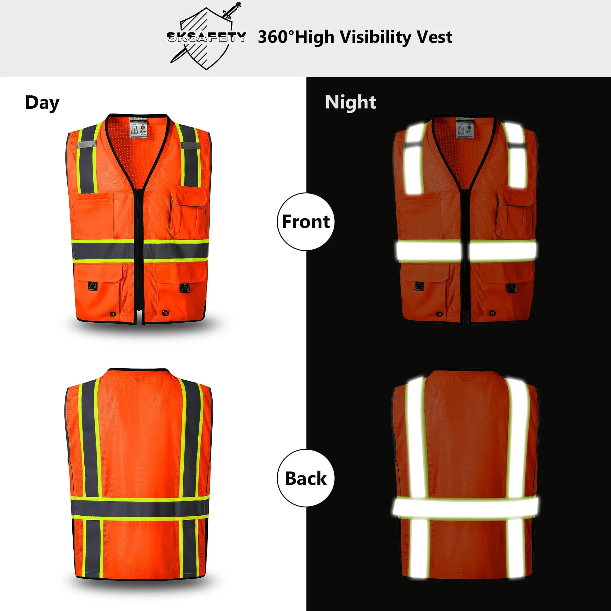 SKSAFETY Professional Class 2 Safety Vest Orange 2XL | ANSI/ISEA 107-2020 Compliant Hi-Vis Mesh - view 2